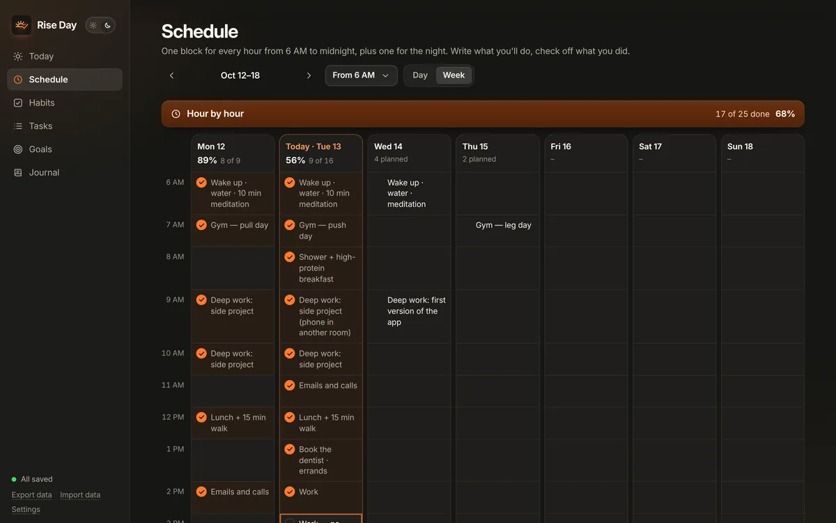 Schedule, week view: seven columns of hour blocks