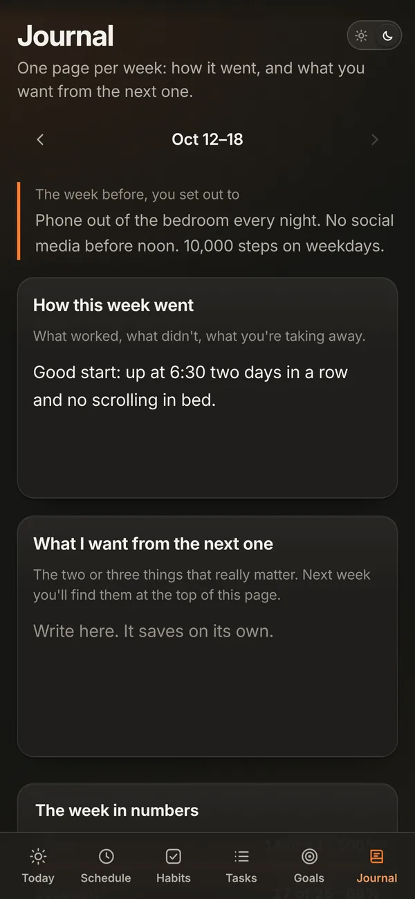Journal: one page a week, with the numbers of the week